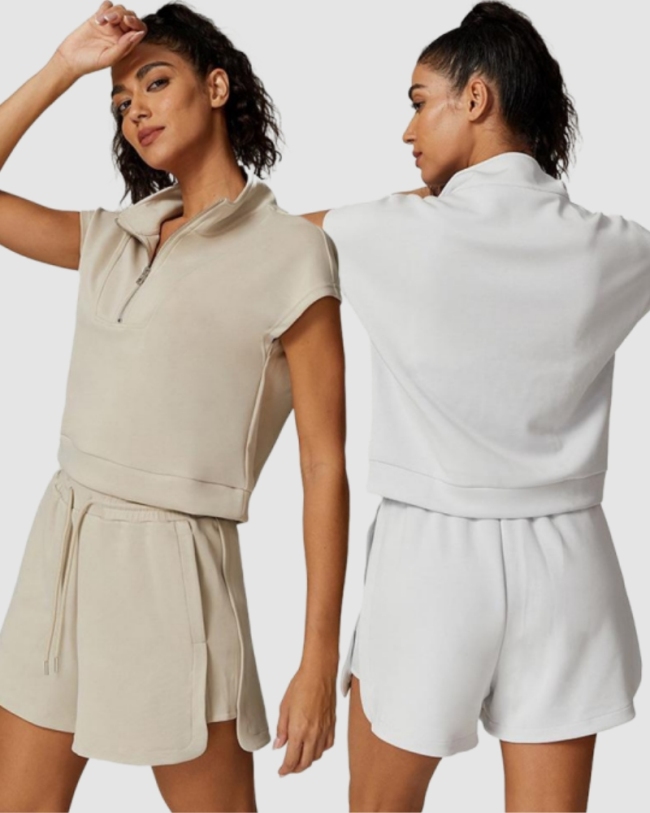 Women Modal Sports Half Zipper Neck Short Sleeve Casual Fitness Shorts Sets Two Piece Set S-L