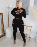 Black Wholelsale Hollow Out Women Two Piece Pant Set S-XXL