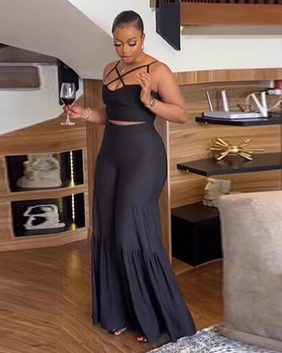 Black Women Wholesale Summer Two Piece Wide Leg Ruffle Pant S-3XL