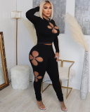 Black Wholelsale Hollow Out Women Two Piece Pant Set S-XXL