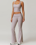 Women Lace Square Neck Vest Fold Waist Flare Pants Yoga Two-piece Pants Set S-XL