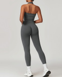Women Active Wear Seamless V Halter Neck Yoga Two-piece Pants Sets S-XL