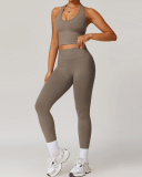 Women Active Wear Seamless V Halter Neck Yoga Two-piece Pants Sets S-XL