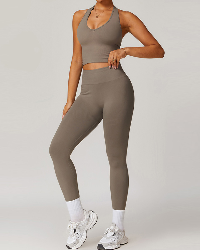 Women Active Wear Seamless V Halter Neck Yoga Two-piece Pants Sets S-XL