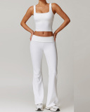 Women Lace Square Neck Vest Fold Waist Flare Pants Yoga Two-piece Pants Set S-XL