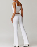 Women Lace Square Neck Vest Fold Waist Flare Pants Yoga Two-piece Pants Set S-XL