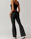 Women Lace Square Neck Vest Fold Waist Flare Pants Yoga Two-piece Pants Set S-XL