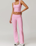Women Lace Square Neck Vest Fold Waist Flare Pants Yoga Two-piece Pants Set S-XL