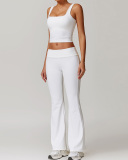 Women Lace Square Neck Vest Fold Waist Flare Pants Yoga Two-piece Pants Set S-XL
