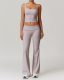 Women Lace Square Neck Vest Fold Waist Flare Pants Yoga Two-piece Pants Set S-XL
