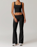 Women Lace Square Neck Vest Fold Waist Flare Pants Yoga Two-piece Pants Set S-XL