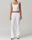 Women Lace Square Neck Vest Fold Waist Flare Pants Yoga Two-piece Pants Set S-XL