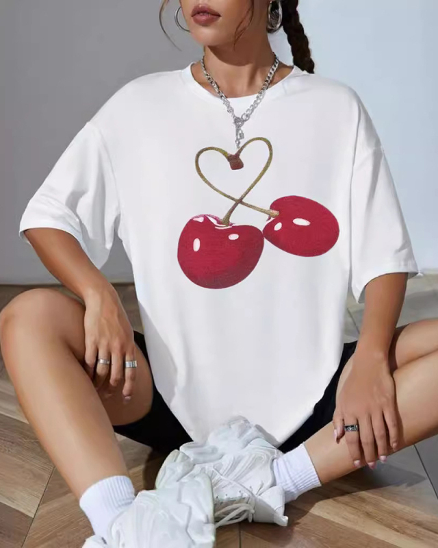 New Summer Pattern Printed Versatile Loose Short Sleeved T-Shirt Top White XS-XL