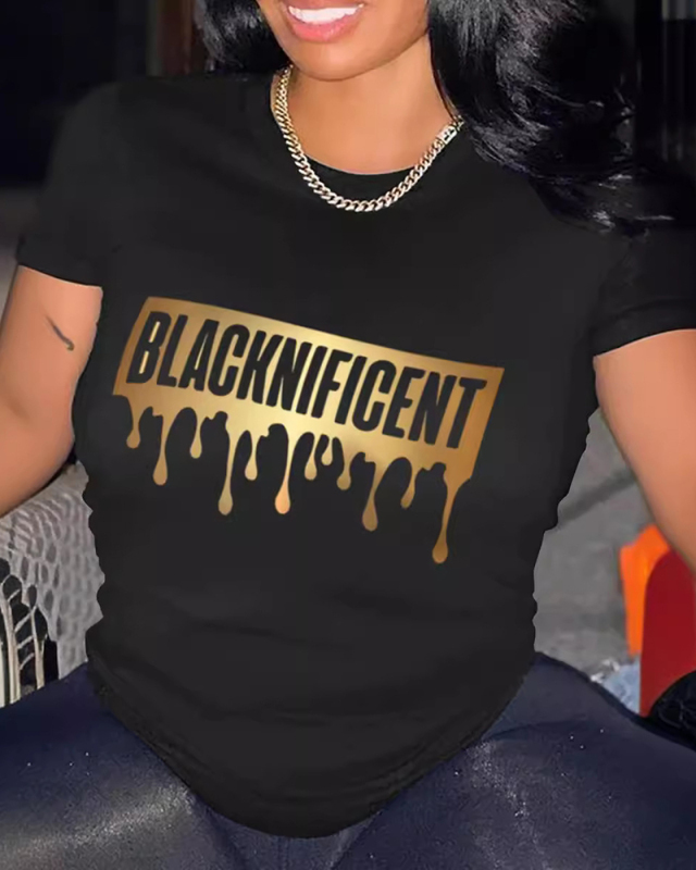 Black Women Letter Printed  Round Neck T-Shirt XS-XL