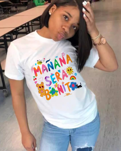 Women New O Neck Printed Letter Short Sleeve T-Shirt Top XS-XL