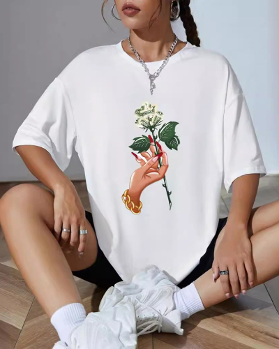 White Comfort Printed Letters Loose Short Sleeved T-Shirt XS-XL