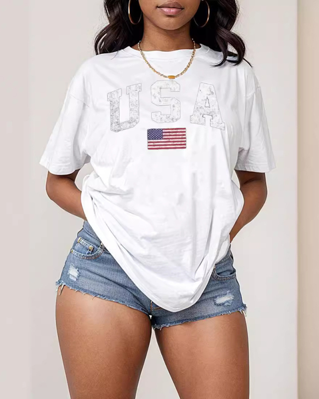 White Letter Print Versatile Loose Short Sleeved T-Shirt XS-XL