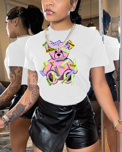 Women's Summer Cartoon Pattern Printed Round Neck T-Shirt Top XS-XL