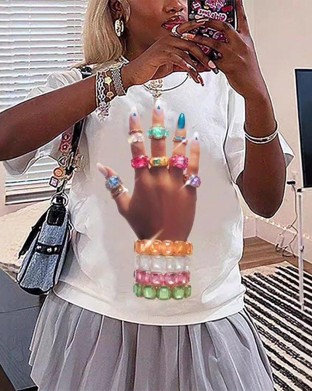 Finger  Printed Letter Versatile Loose Short Sleeved T-Shirt Top XS-XL