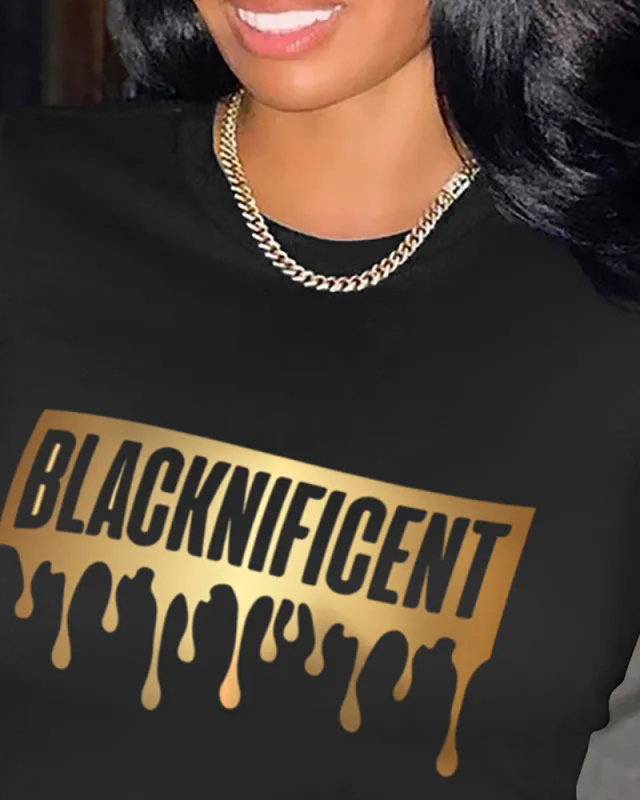Black Women Letter Printed  Round Neck T-Shirt XS-XL