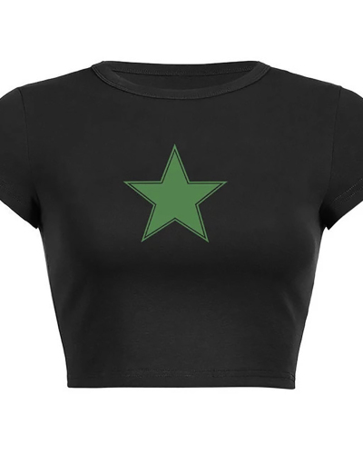 Woman Star Printed Short T-Shirt Crop Top Black White XS-XL