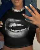 Lip Printed Short T-Shirt Top XS-XL