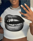 Lip Printed Short T-Shirt Top XS-XL