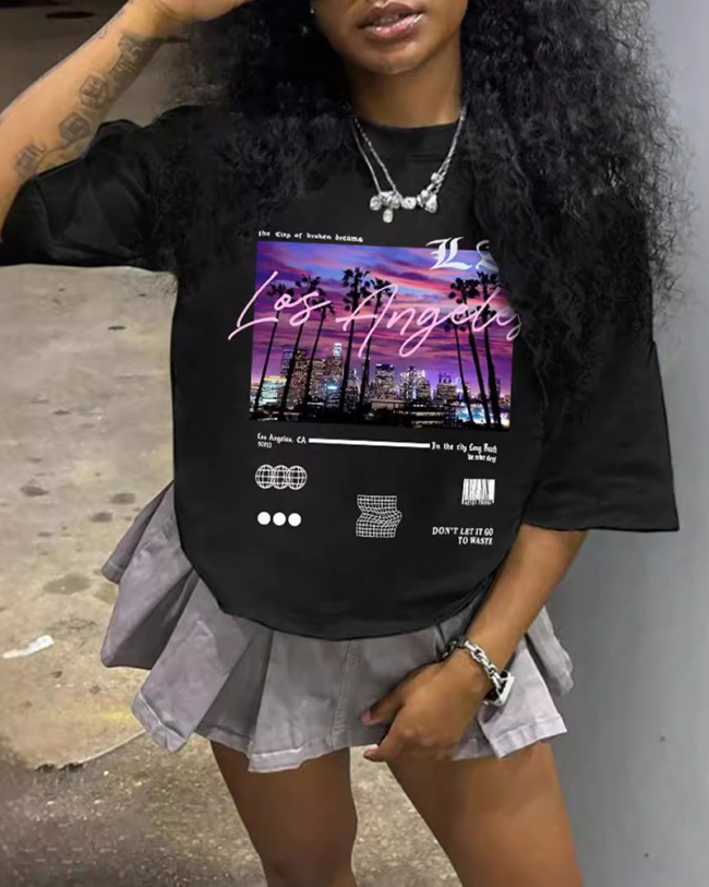 Black Printed Causal T Shirt XS-XL