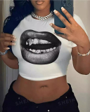 Lip Printed Short T-Shirt Top XS-XL
