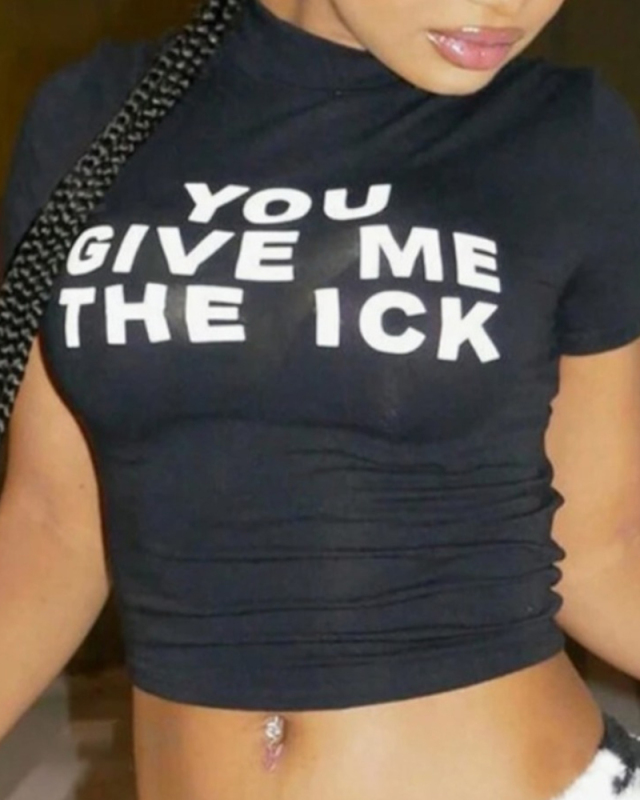 Black Women Printed Short T-Shirt Top XS-XL