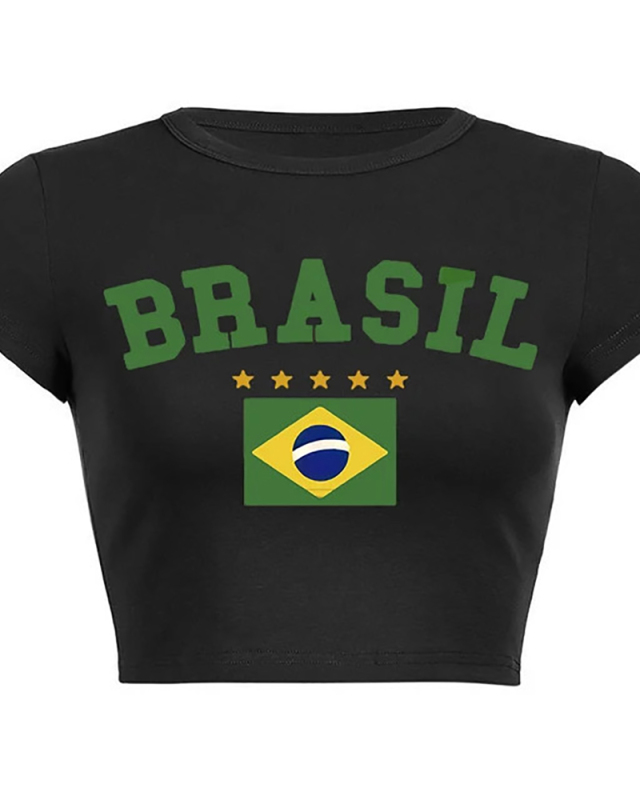 Brasil New Street Printed Short T-Shirt Top Crop Top White Black XS-XL