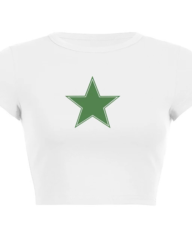 Woman Star Printed Short T-Shirt Crop Top Black White XS-XL