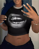 Lip Printed Short T-Shirt Top XS-XL