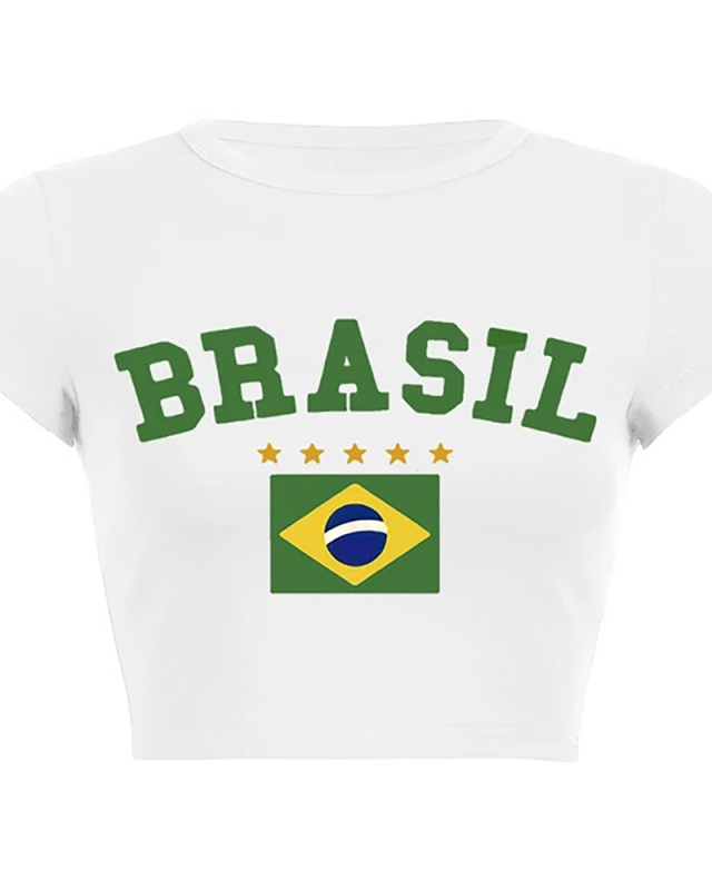 Brasil New Street Printed Short T-Shirt Top Crop Top White Black XS-XL