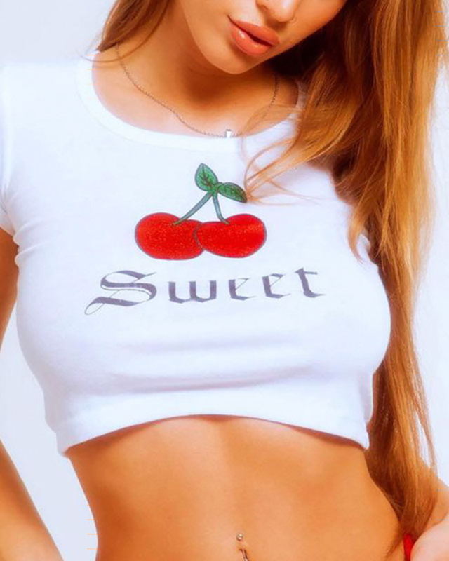 Sweet Cherry Girls Street Printed Short T-Shirt Crop Top White XS-XL