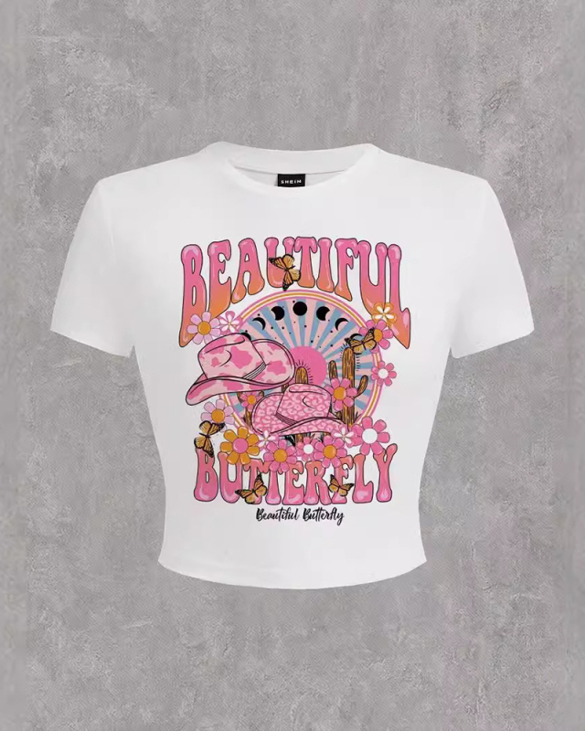 Woman New Street Printed Short T-Shirt Crop Top White XS-XL