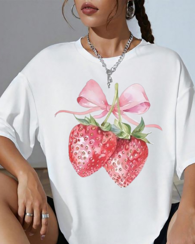 Strawberry Printed Women Loose Short Sleeved T-Shirt Top XS-XL