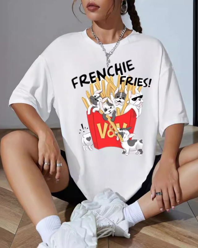 White Printed Women Loose Short Sleeved T-Shirt Top XS-XL