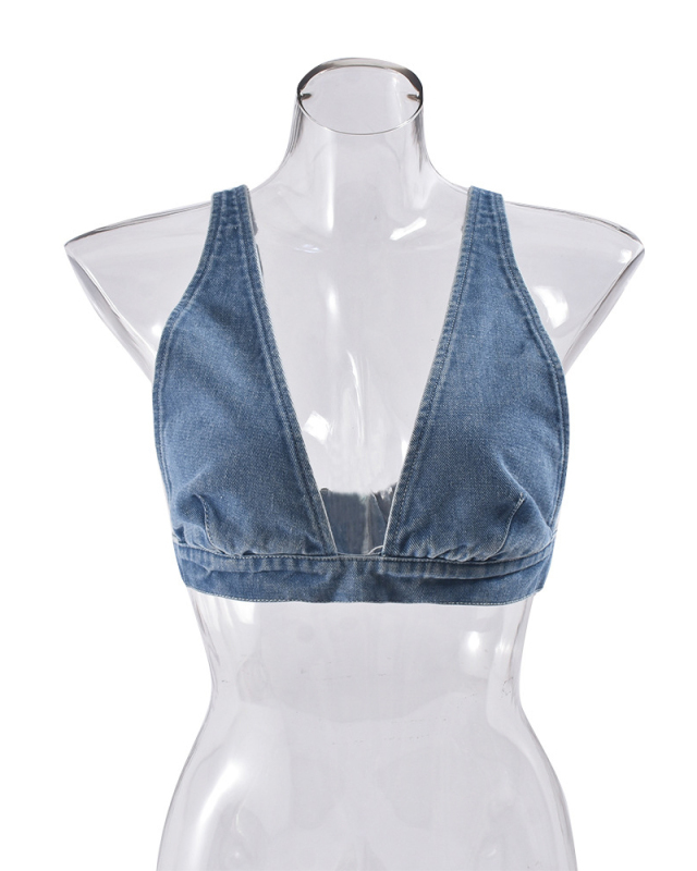 Women Denim Wash Water Sexy Vest With Back Button Top S-L