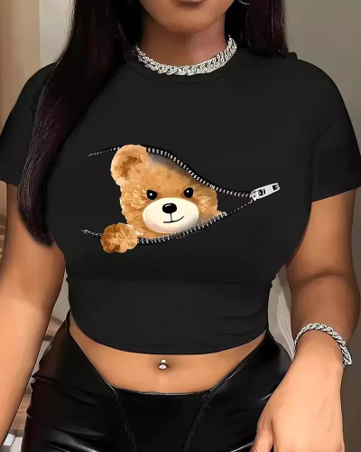 Black Cute Girl Printed Short T-Shirt Top XS-XL