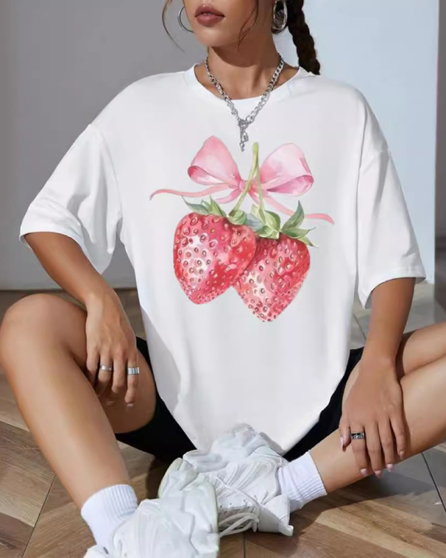 Strawberry Printed Women Loose Short Sleeved T-Shirt Top XS-XL