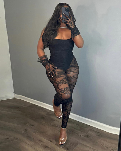 Patchwork See Through Hollow High Elasticity Jumpsuit S-L