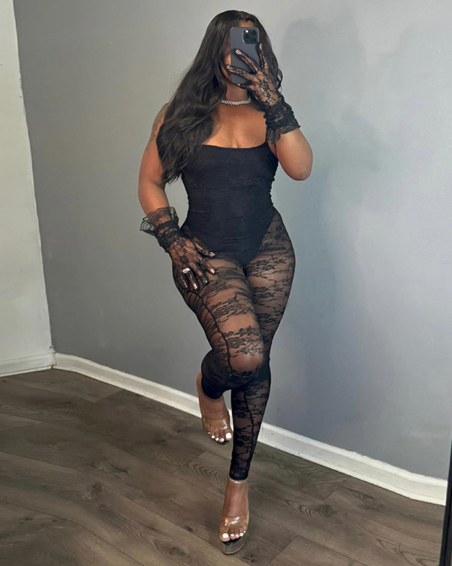 Patchwork See Through Hollow High Elasticity Jumpsuit S-L