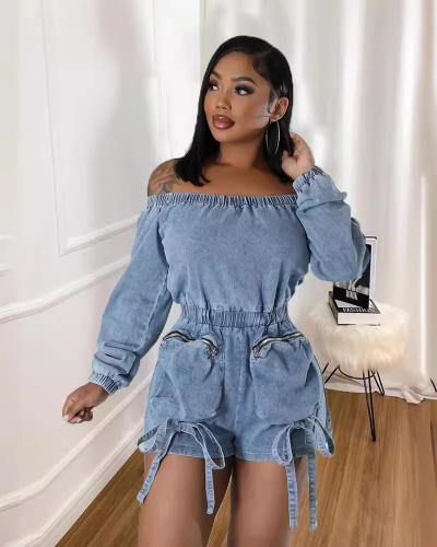 Women's Pocket Denim Sexy Short Wrap Chest Elastic Waist Jumpsuit S-XL