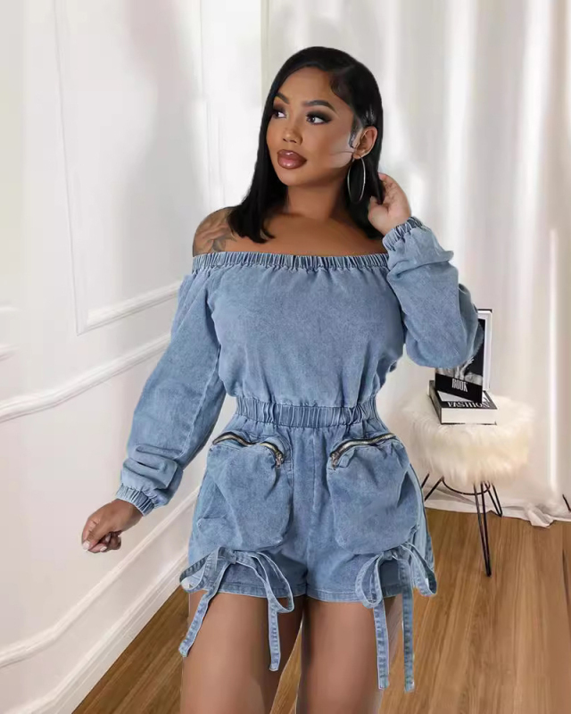 Women's Pocket Denim Sexy Short Wrap Chest Elastic Waist Jumpsuit S-XL