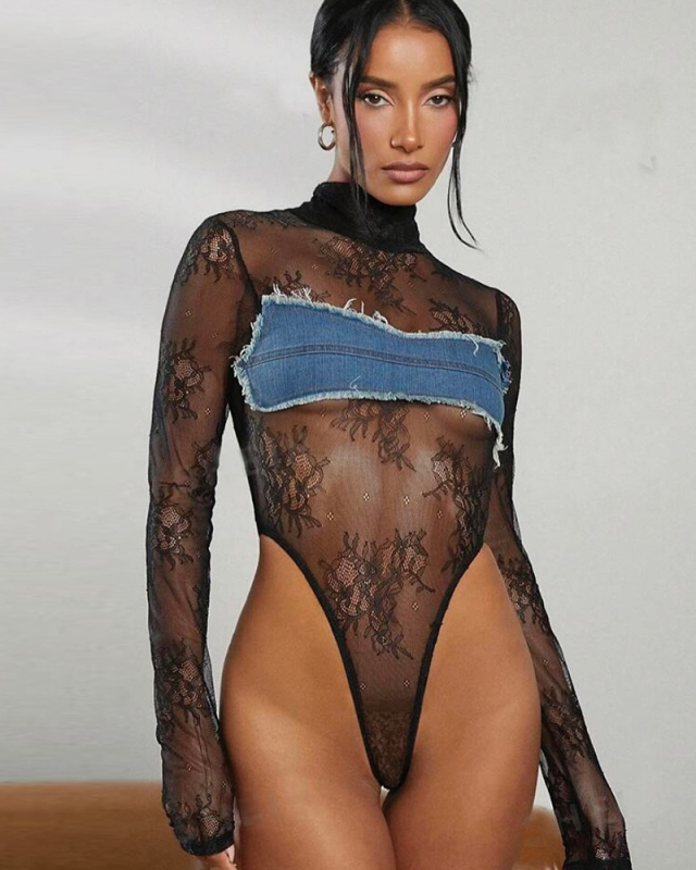 Sexy Hot Girl Long Sleeved High Neck See Through Hollow Denim Lace Bodysuit S-L