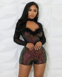 Long Sleeve Hollow Half High Collar Bead Splicing Mesh Jumpsuit S-L