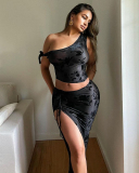 Strap Sexy Open Umbilical Single Shoulder Top Half Skirt Set S-L