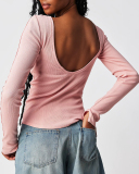 Women Fall Backless Long Sleeve Knit T-shirt S-L