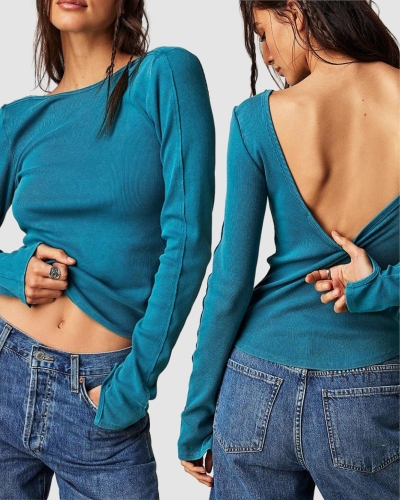 Women Fall Backless Long Sleeve Knit T-shirt S-L